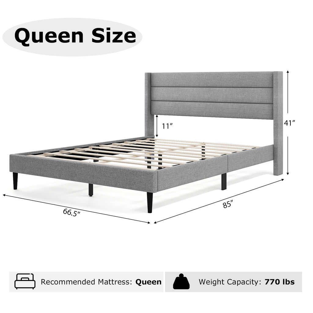 Ellison Linen Upholstered Platform Bed Frame with Wingback Headboard-Queen Size