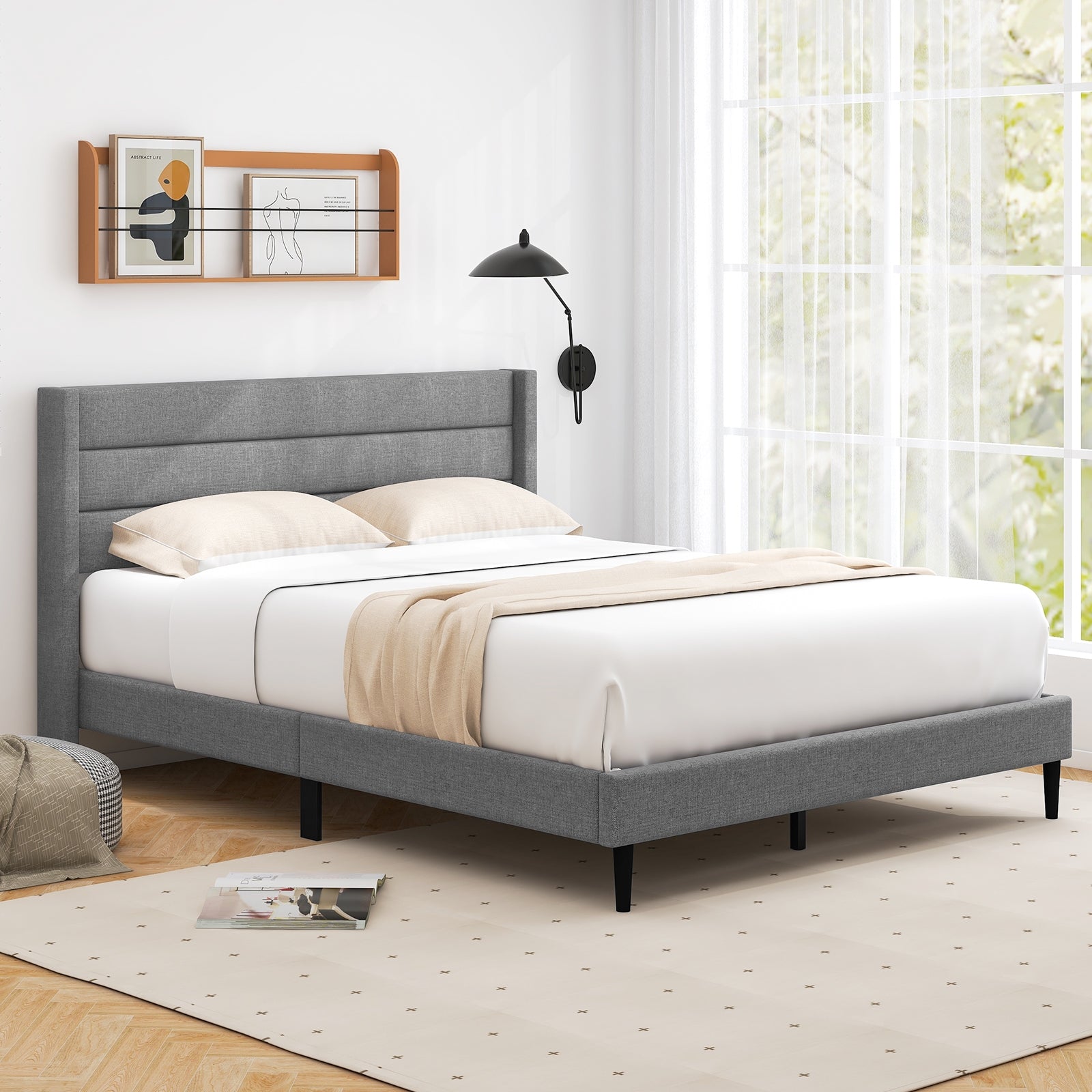 Ellison Linen Upholstered Platform Bed Frame with Wingback Headboard-Queen Size