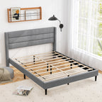 Ellison Linen Upholstered Platform Bed Frame with Wingback Headboard-Queen Size