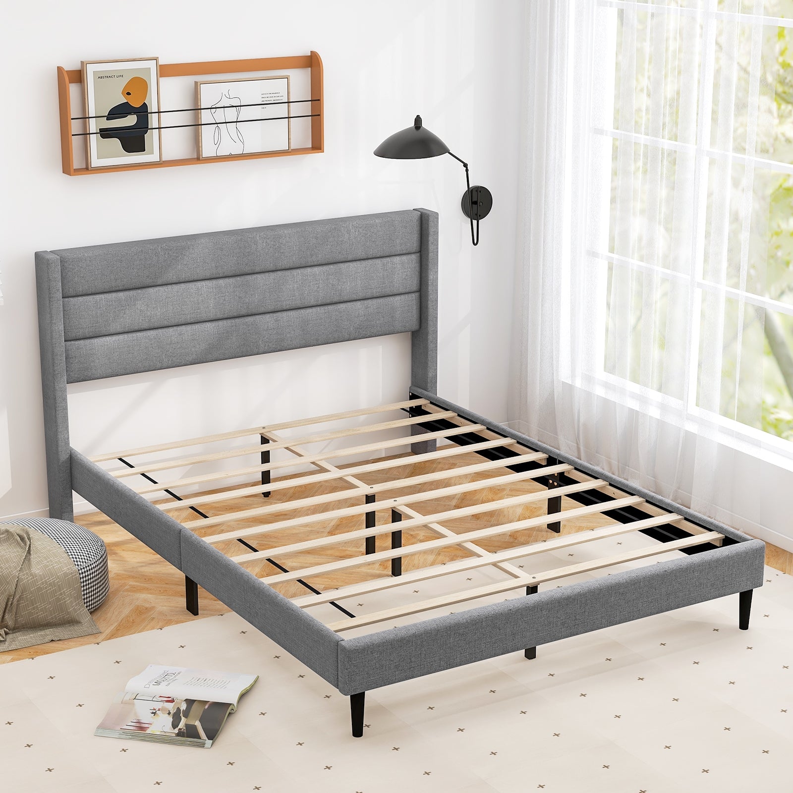 Ellison Linen Upholstered Platform Bed Frame with Wingback Headboard-Queen Size