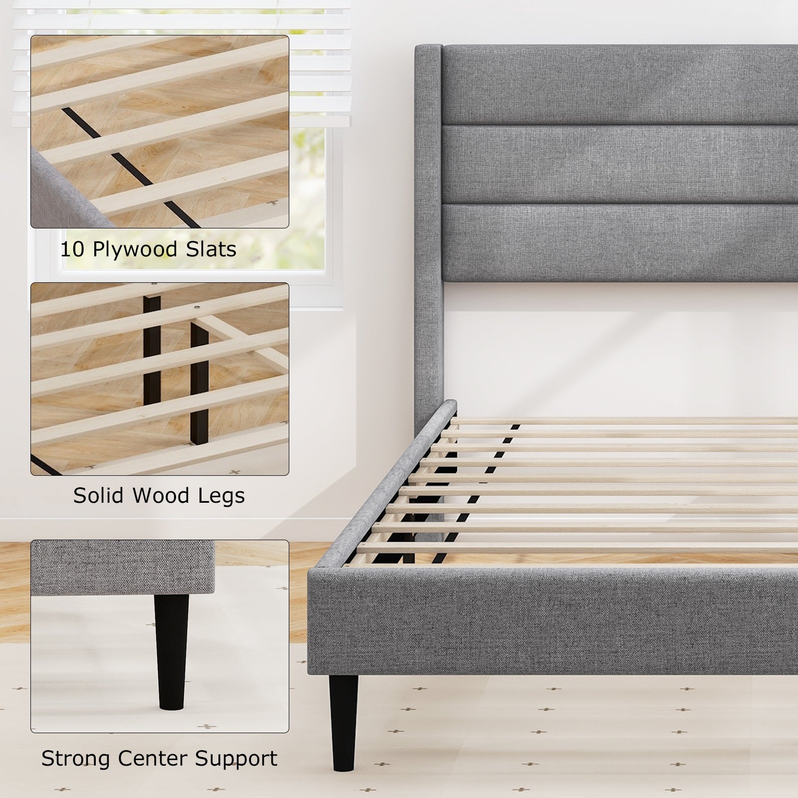 Ellison Linen Upholstered Platform Bed Frame with Wingback Headboard-Queen Size
