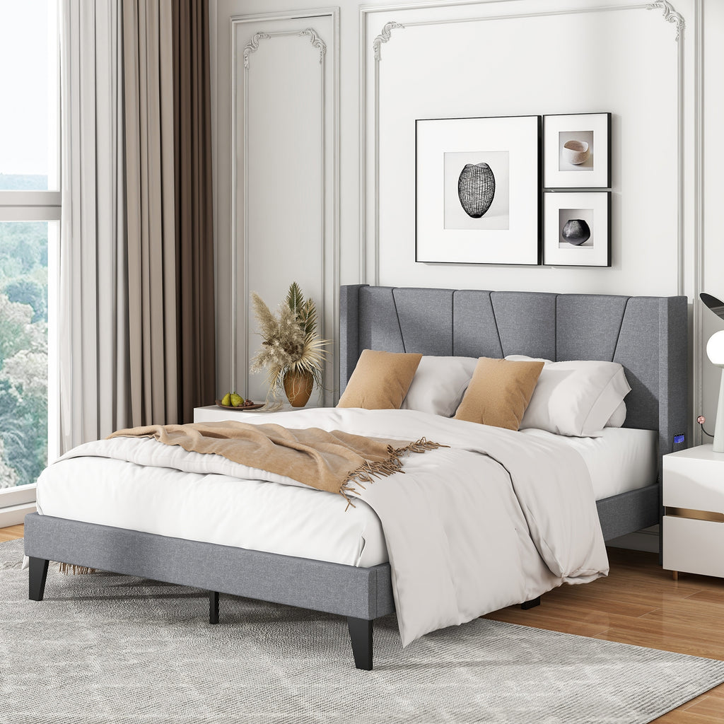 Kylin Upholstered Bed Frame with Wingback Headboard & Wood Slat Support–Full Size