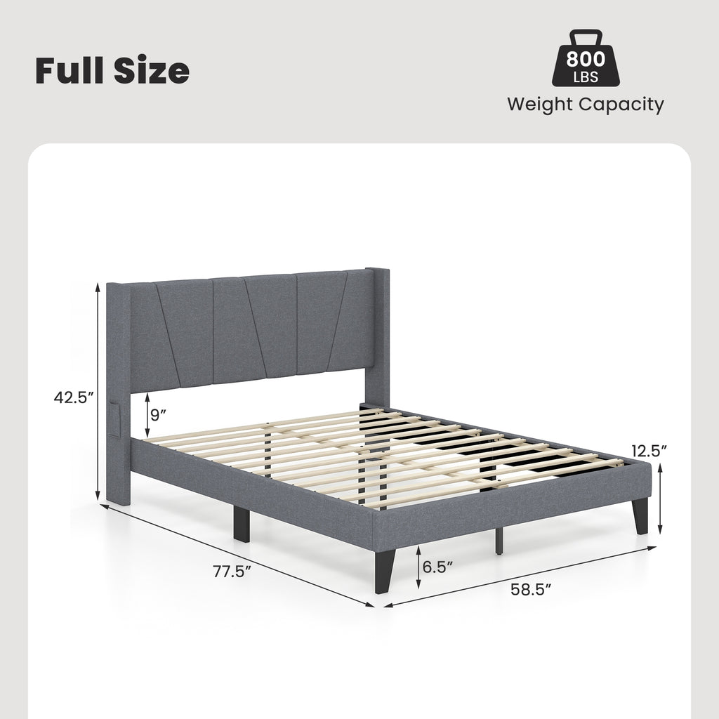 Kylin Upholstered Bed Frame with Wingback Headboard & Wood Slat Support–Full Size