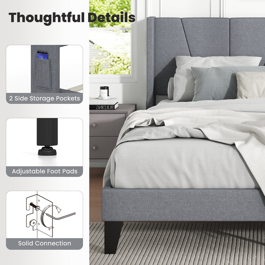 Kylin Upholstered Bed Frame with Wingback Headboard & Wood Slat Support–Full Size