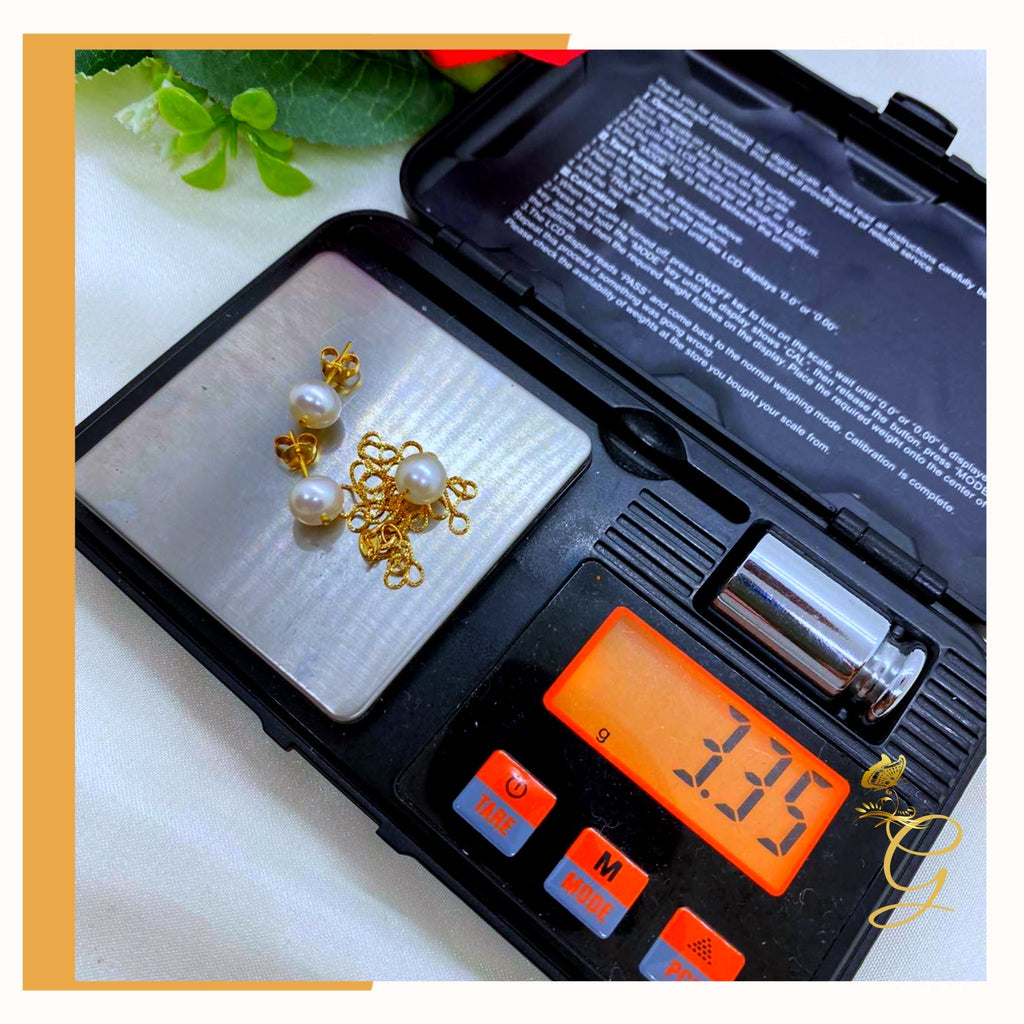 18K Real Gold Set of white Pearl Earrings and Necklace 18”