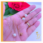 18K Real Gold Set of white Pearl Earrings and Necklace 18”