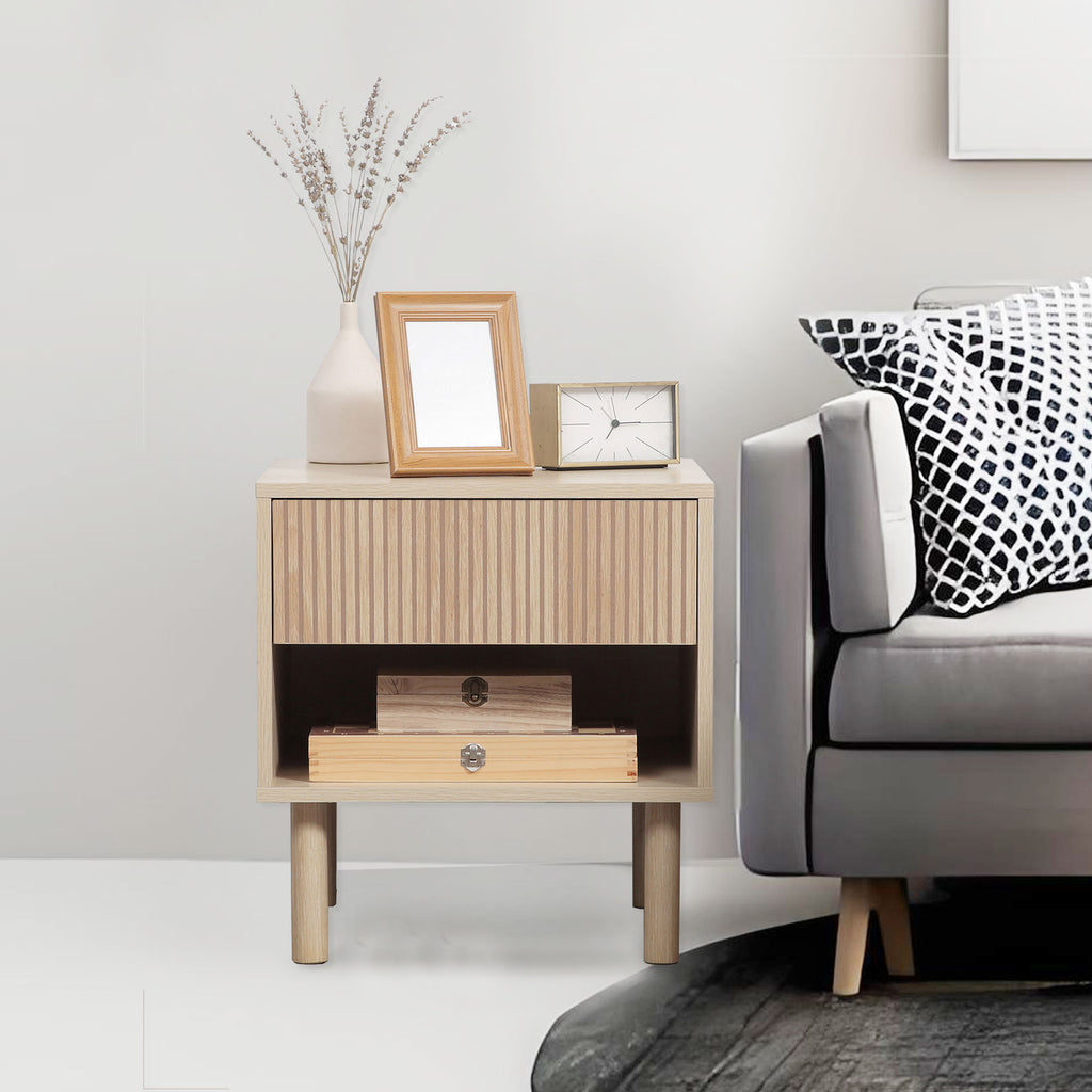 Laura Set of 2 Bedroom Nightstands, Side Table with Storage Shelf and Drawer for Living Room, Bedroom, Natural Wood