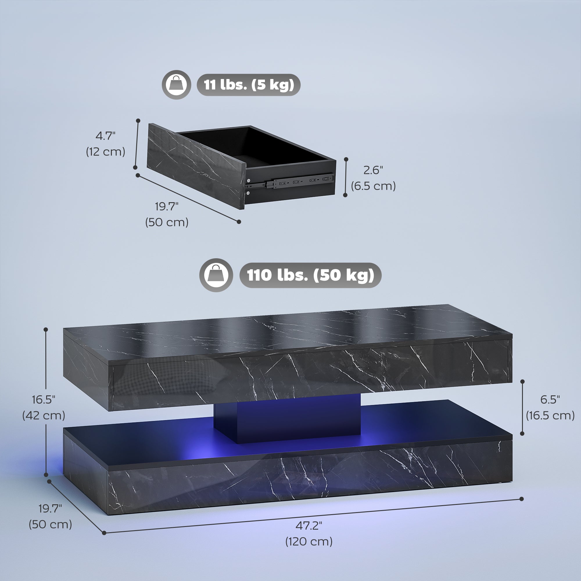 Erin Modern Coffee Table with 2 Drawers and Adjustable LED Lights-Marble Effect Black