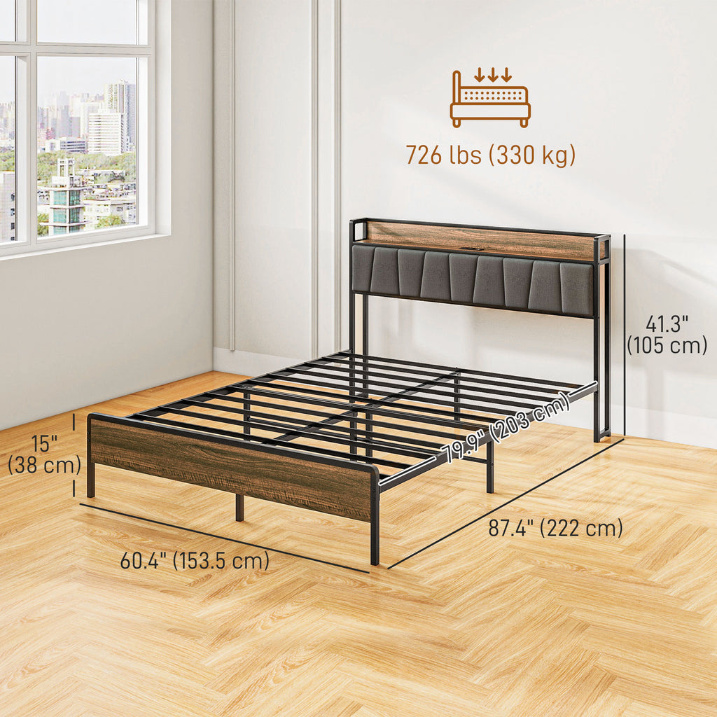 Robin Queen Size Bed Frame with Charging Station, Queen Bed Frame with Upholstered Headboard and Storage Shelf, Walnut