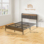 Robin Queen Size Bed Frame with Charging Station, Queen Bed Frame with Upholstered Headboard and Storage Shelf, Walnut
