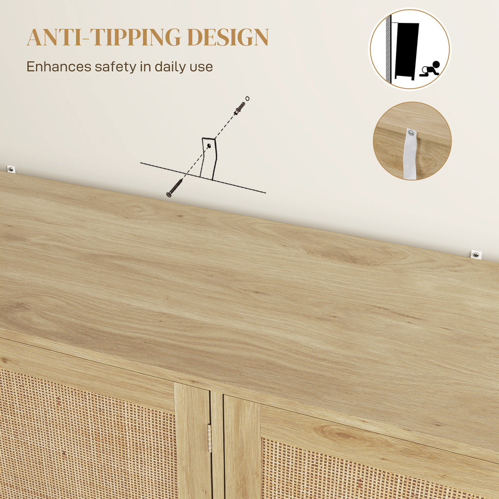 Quinn Bohemian Sideboard, 46.9" Buffet Cabinet with 3 Rattan Doors and Shelves for Living Room, Hallway, Oak