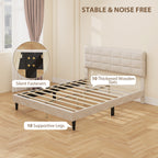 Harper Queen Size Bed Frame with Upholstered Headboard, Modern Platform Bed Frame with Wood Slats, 1100 lbs Capacity, Cream