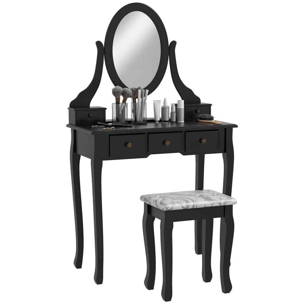 Emma Vanity Desk with Stool, Makeup Vanity with 360° Rotating Oval Mirror, 5 Drawers and Padded Seat, Dressing Table for Bedroom, Black