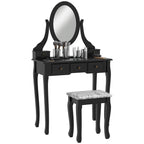 Emma Vanity Desk with Stool, Makeup Vanity with 360° Rotating Oval Mirror, 5 Drawers and Padded Seat, Dressing Table for Bedroom, Black