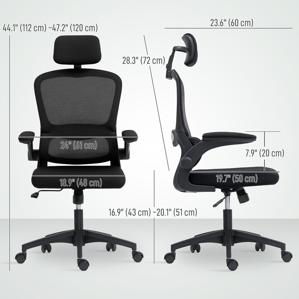 Owen Ergonomic Mesh Office Chair with High Back, Rotatable Headrest, Flip-Up Armrests and Lumbar Support-Black