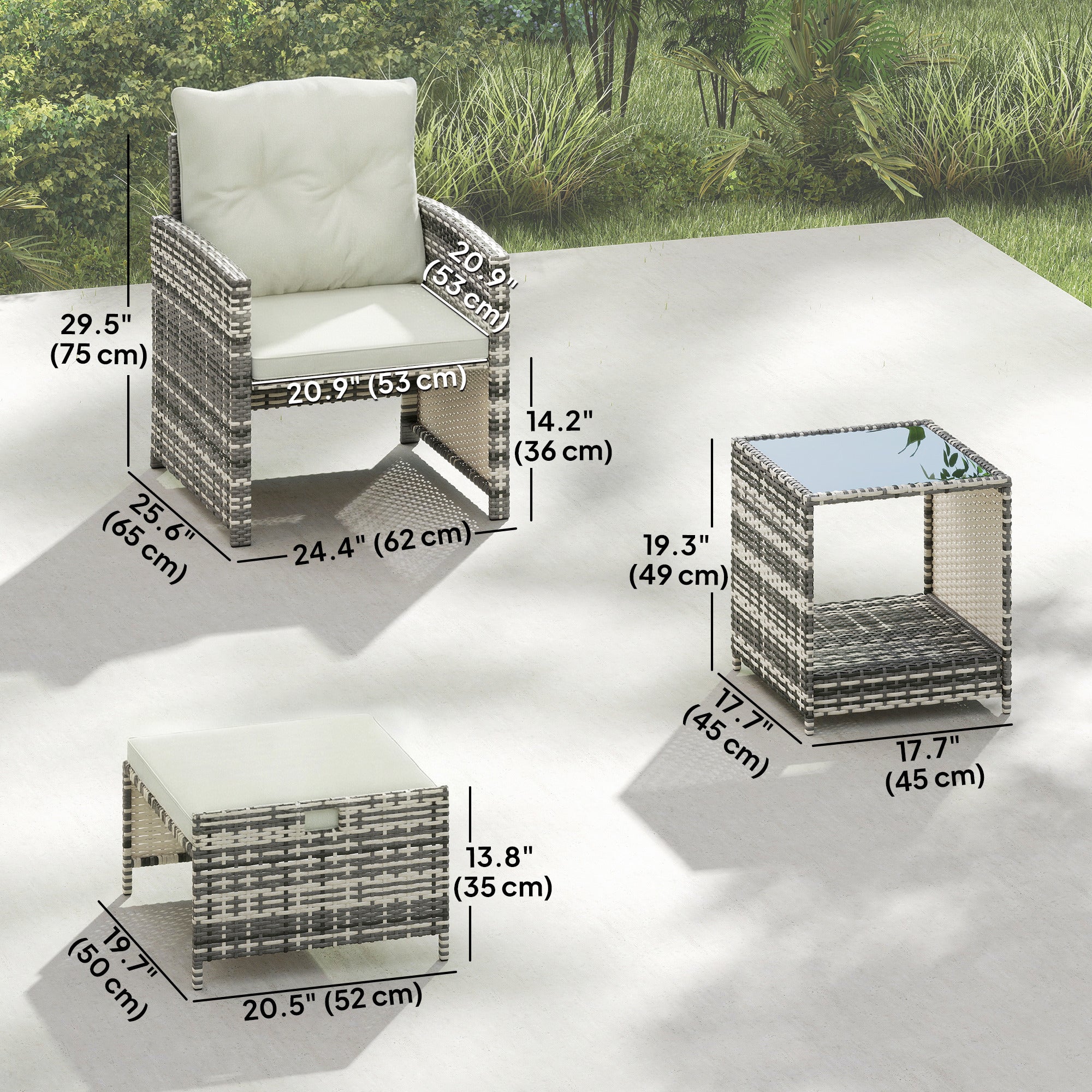 Athena 5 Piece Patio Furniture Set with Ottomans and Glass Table-Cream White