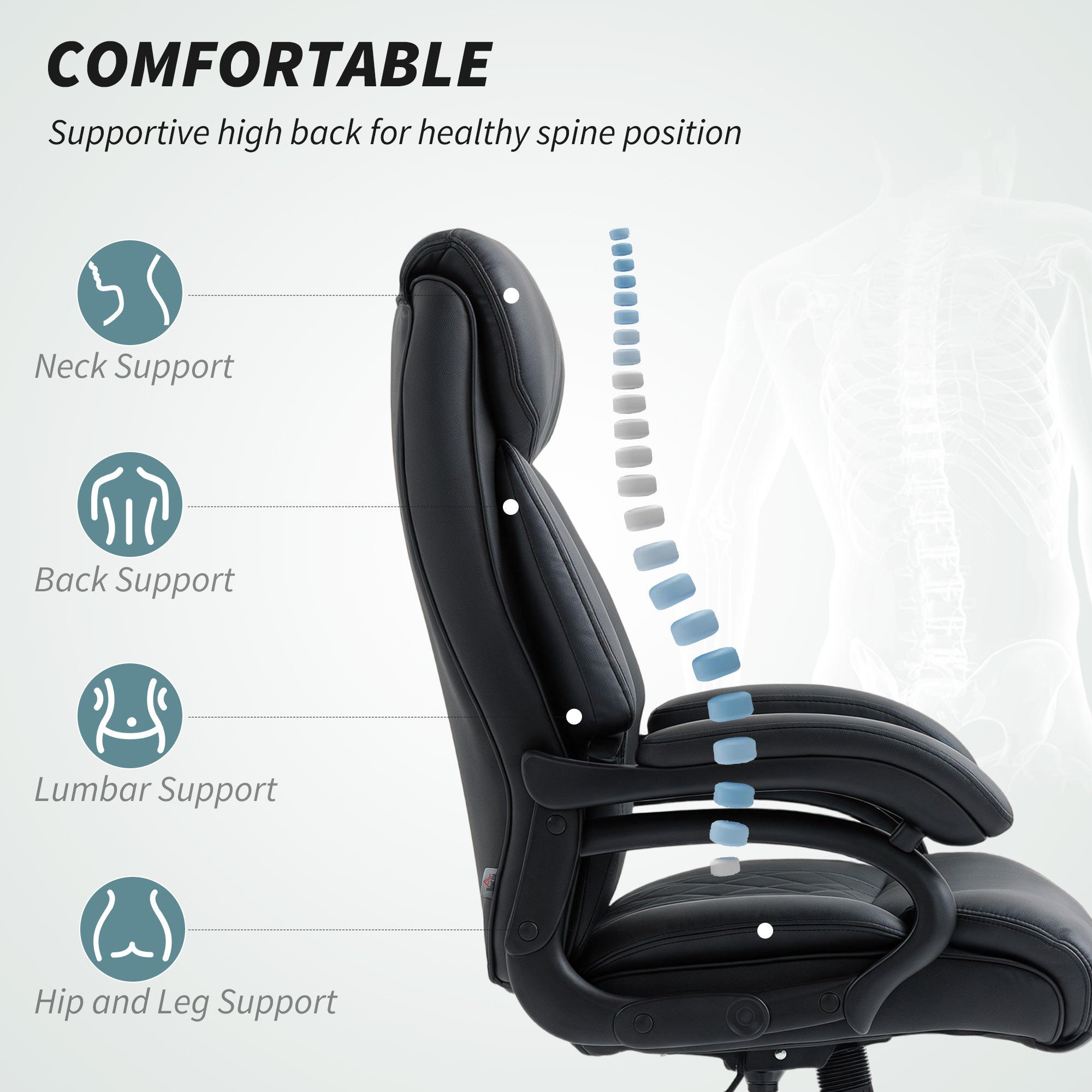 Henry Office Chair with Spring Padding, PU Leather Computer Chair with Quiet Swivel Wheels, High Back, Black