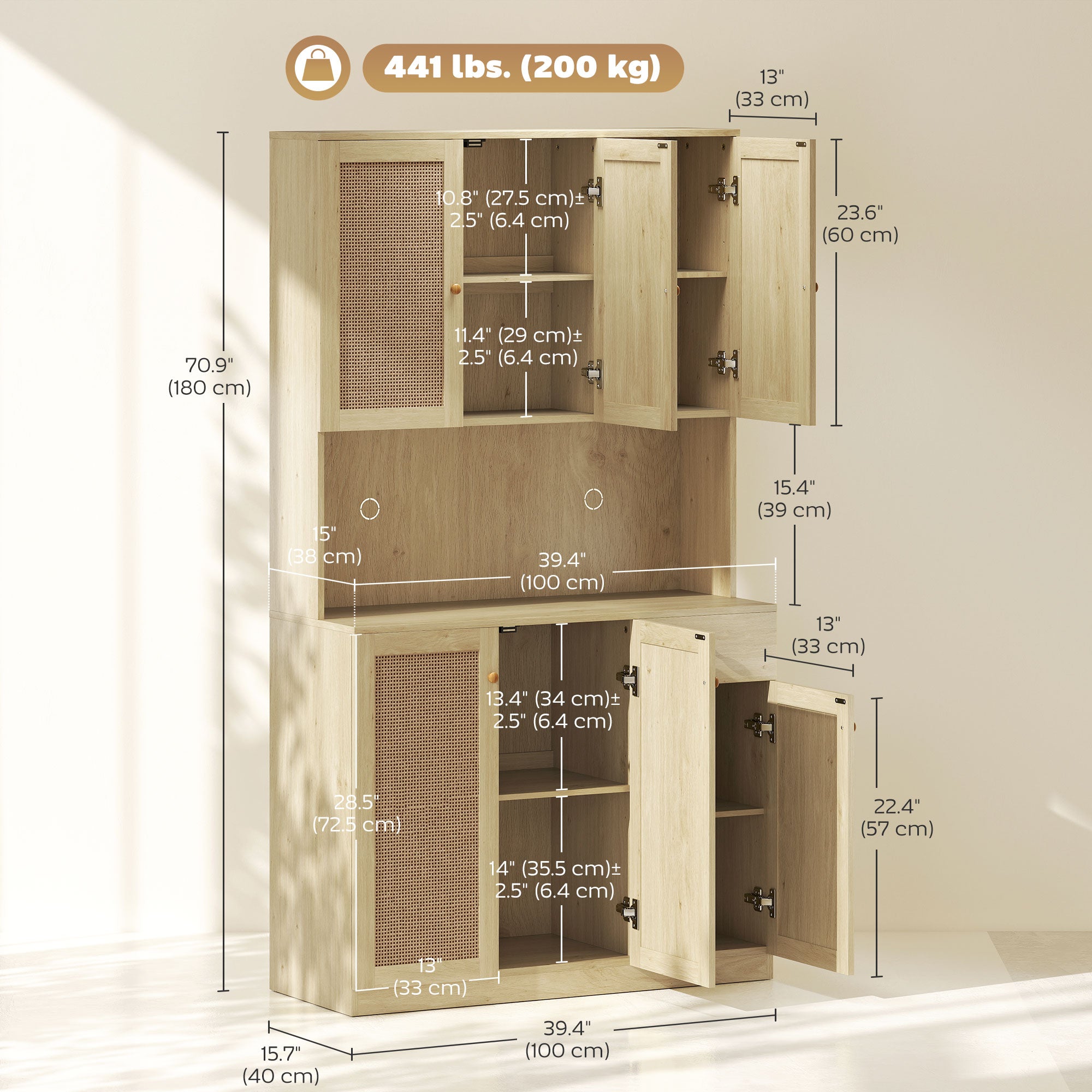Milan Kitchen Hutch with Microwave Countertop, 71" Boho Kitchen Pantry Cabinet with Decorative Rattan Doors, Natural