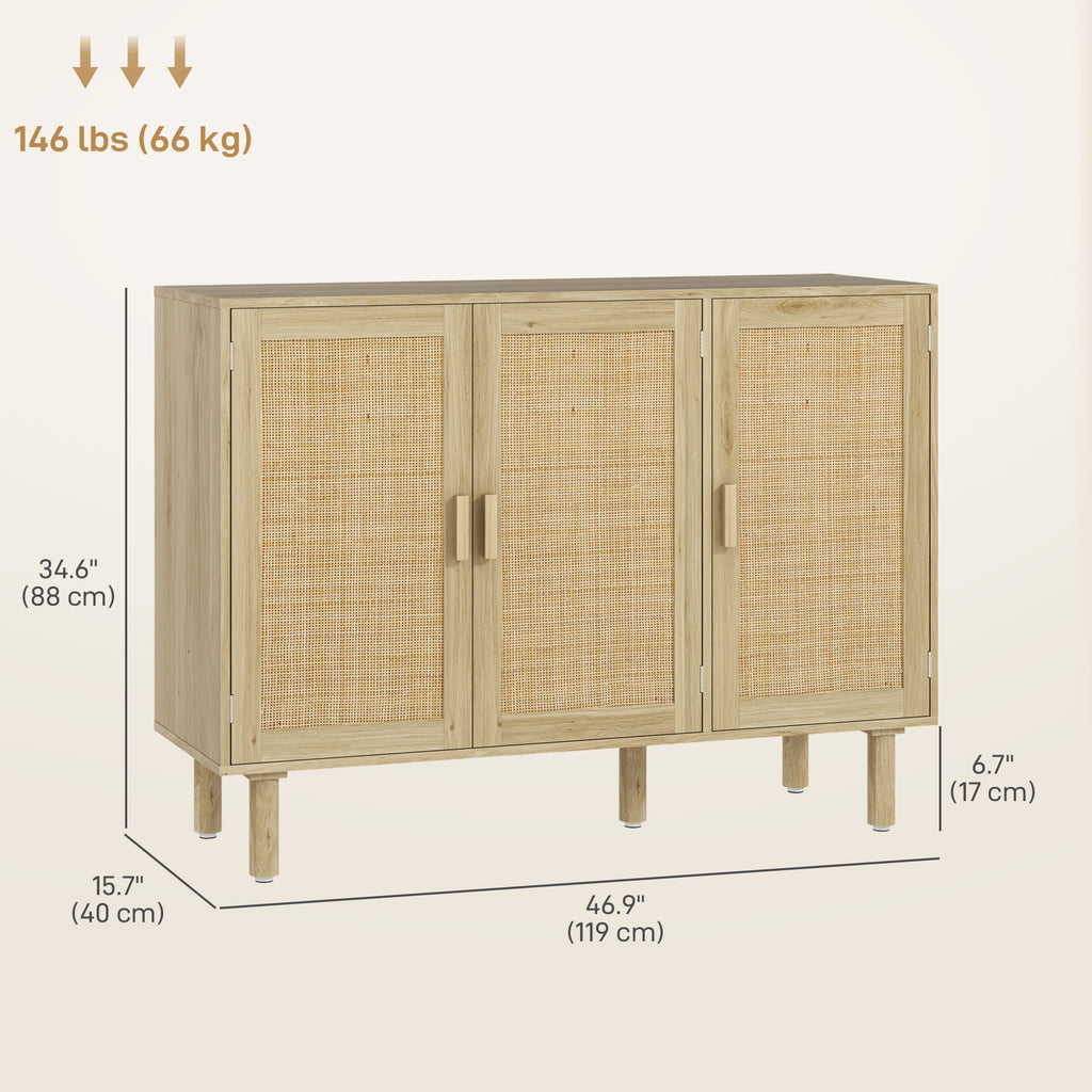 Quinn Bohemian Sideboard, 46.9" Buffet Cabinet with 3 Rattan Doors and Shelves for Living Room, Hallway, Oak