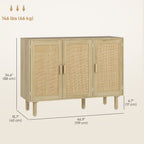 Quinn Bohemian Sideboard, 46.9" Buffet Cabinet with 3 Rattan Doors and Shelves for Living Room, Hallway, Oak