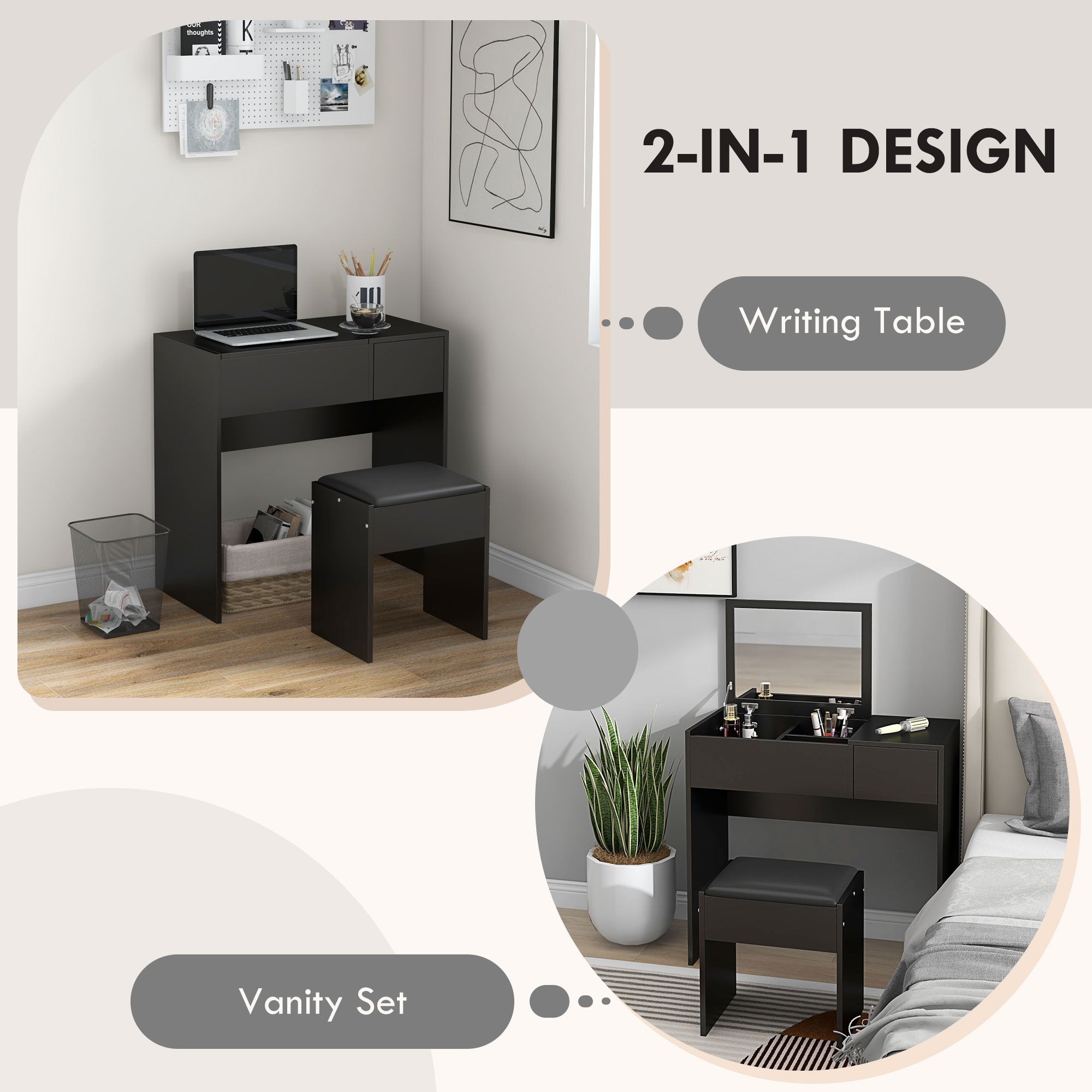 Mia Modern Vanity Set with Flip Top Mirror and Cushioned Stool, Dressing Table with Storage Drawer for Bedroom, Black