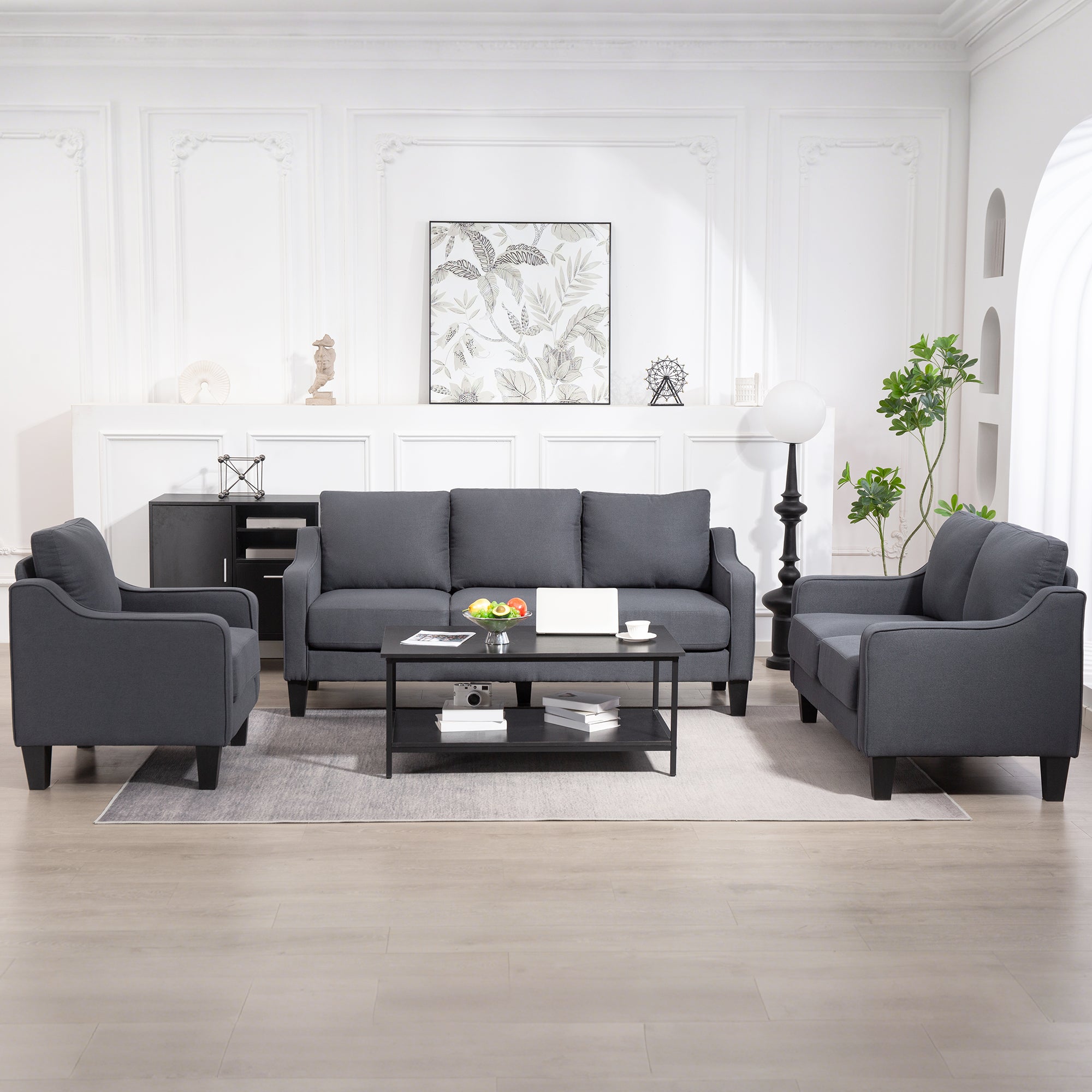 Drew Modern 3 Seater Linen Upholstered Sofa-Charcoal Grey
