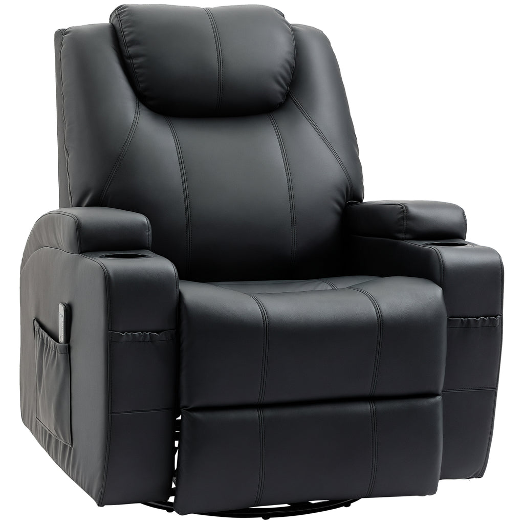 Brady Massage Recliner Chair, Swivel Nursery Rocker Chair, Manual Reclining Sofa with 8 Vibration Points, PU Leather, Cup Holders, Side Pockets, for Living Room, Black