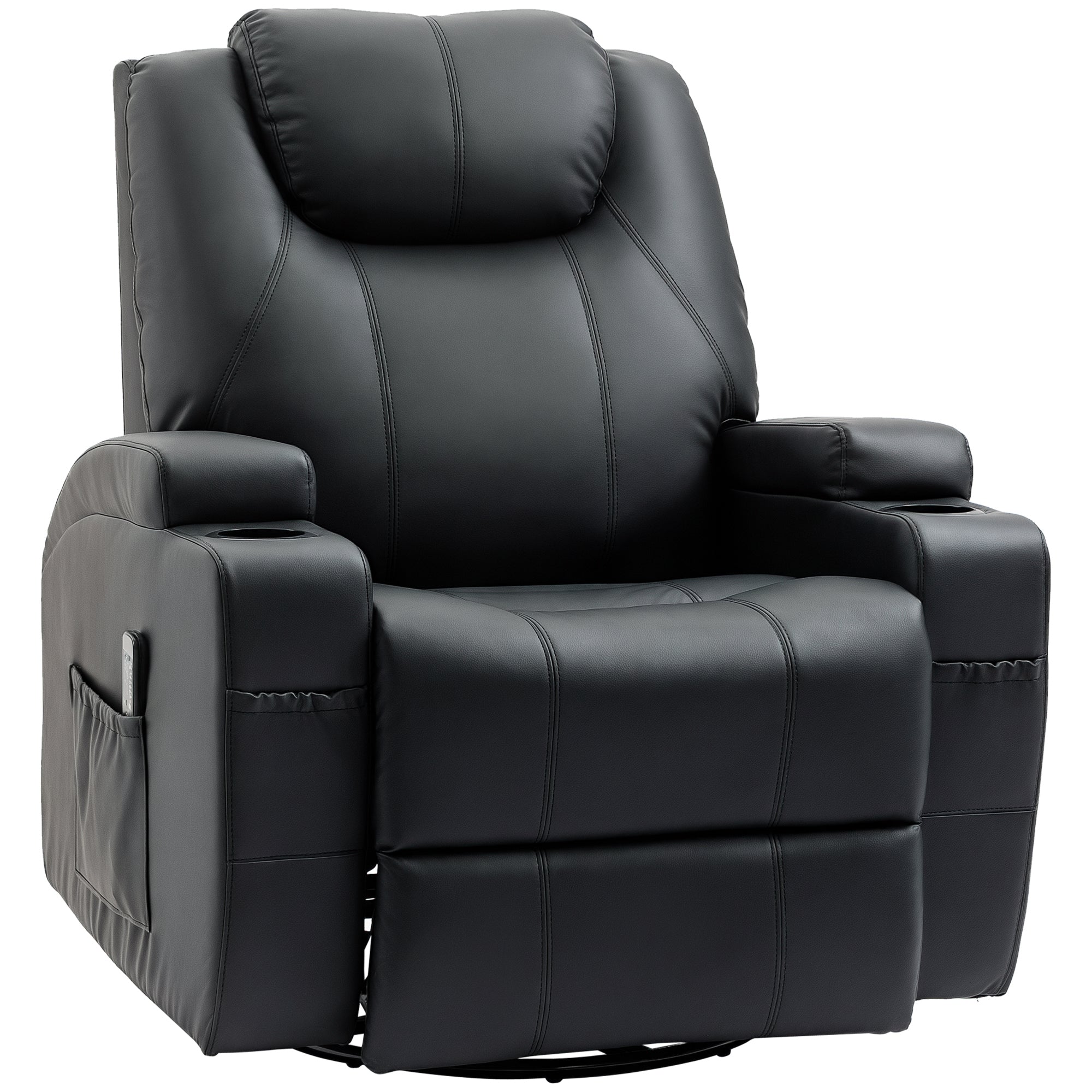 Brady Massage Recliner Chair, Swivel Nursery Rocker Chair, Manual Reclining Sofa with 8 Vibration Points, PU Leather, Cup Holders, Side Pockets, for Living Room, Black
