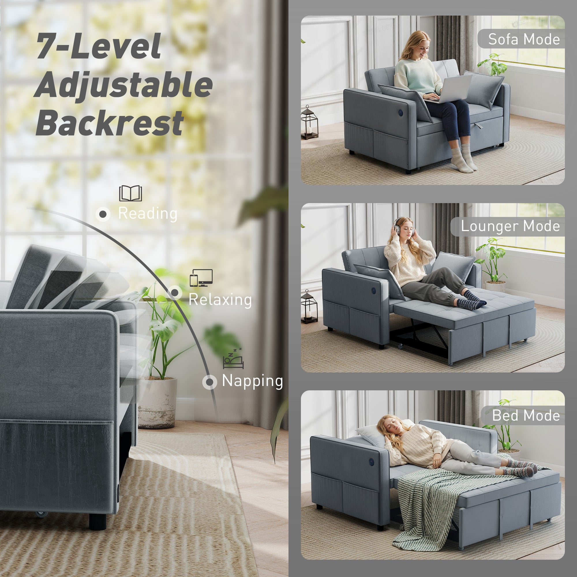 Ari 3 in 1 Convertible Sofa Bed with Adjustable Backrest and USB Ports-Dark Grey