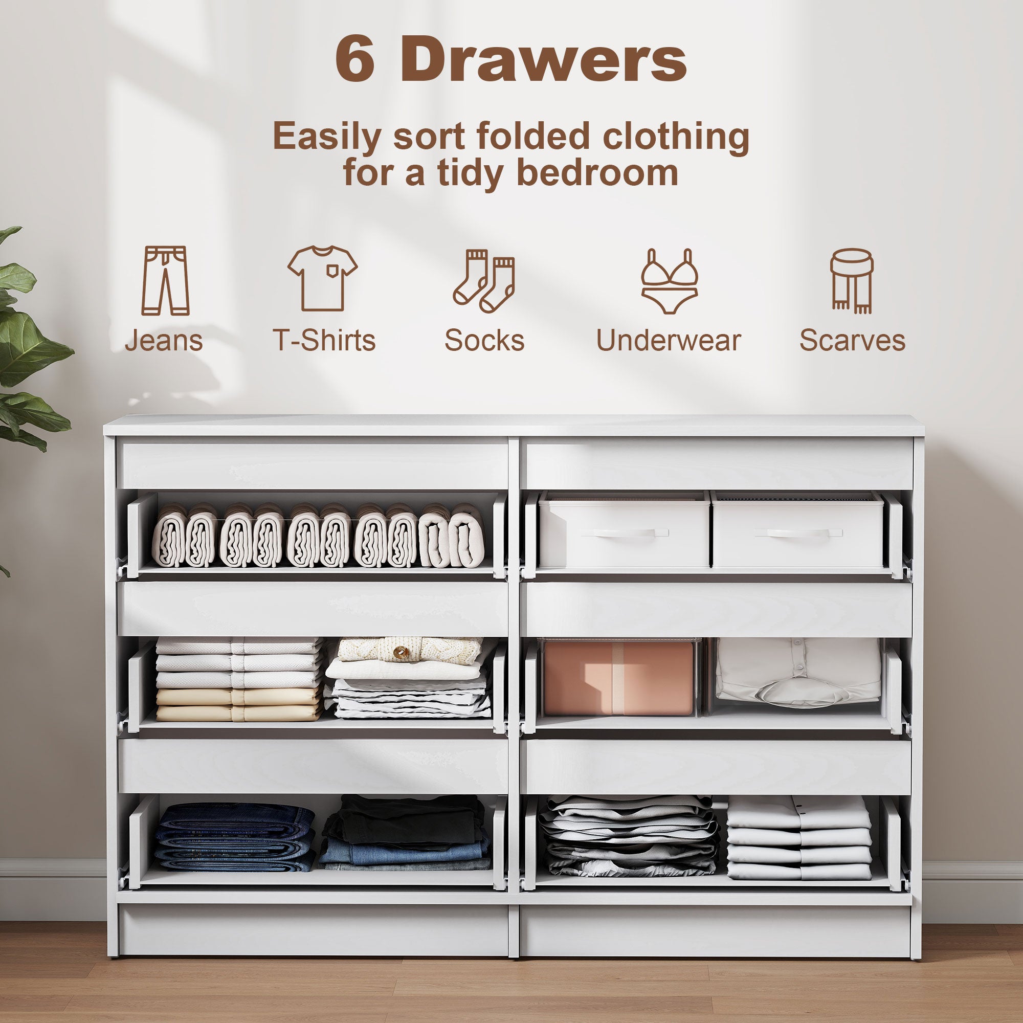 River 6 Drawer Dresser for Bedroom, Living Room, Hallway, Modern Clothes Storage Organizer, White