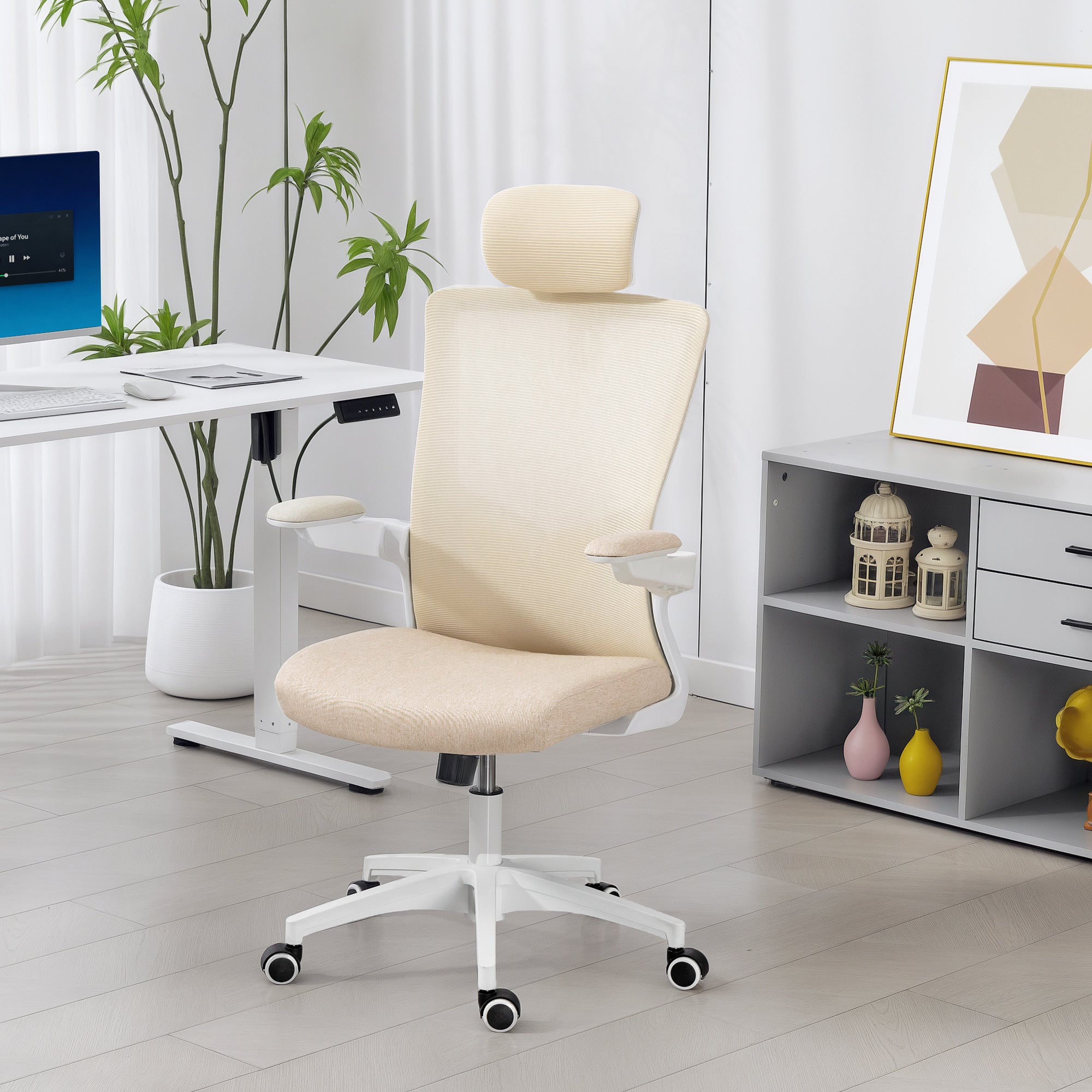 Andre Ergonomic Office Chair, Swivel Desk Chair with Adjustable Lumbar Support, Headrest and Height, Flip-up Armrests, Beige