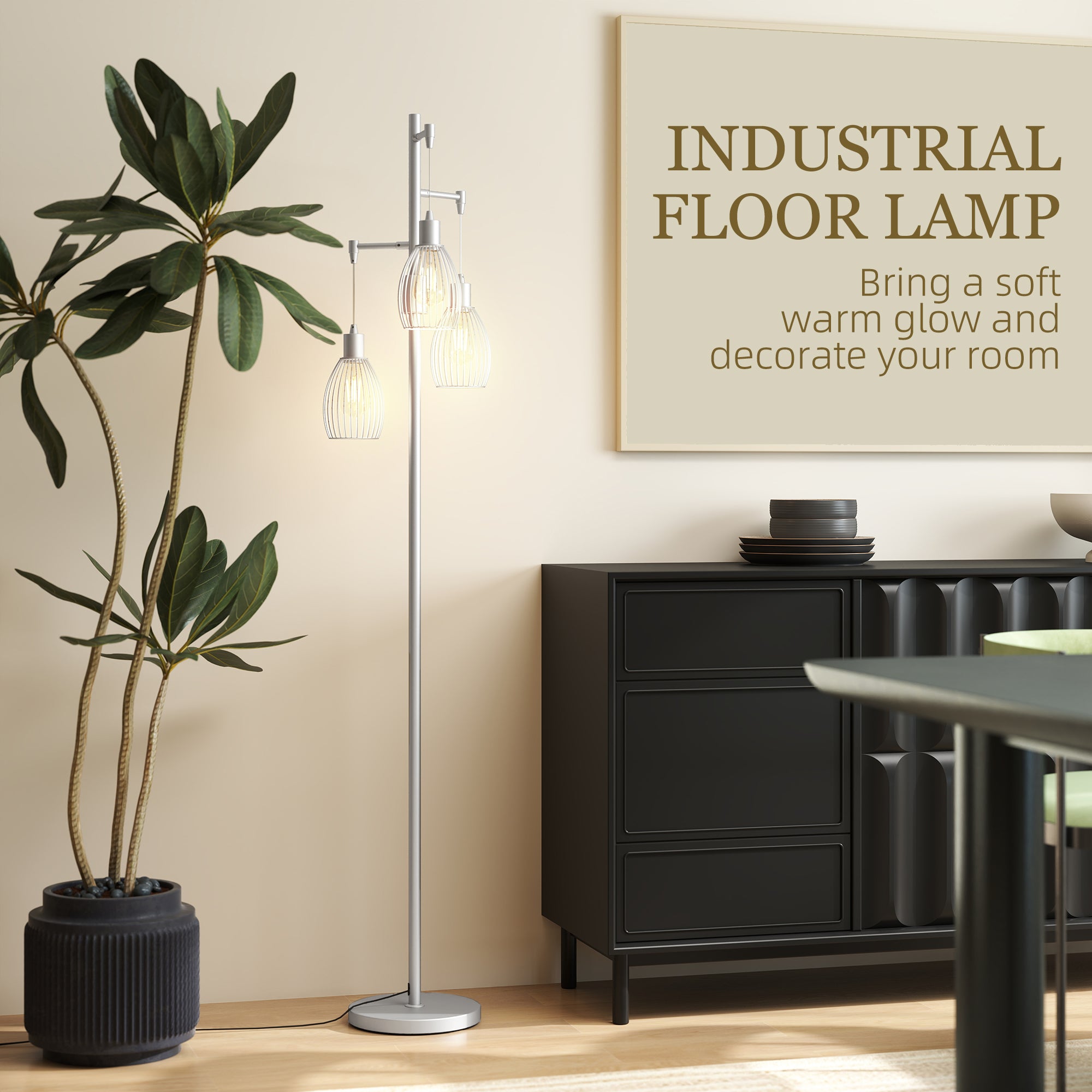Carmen Dimmable Floor Lamp with 3 Hanging Wire Lampshades-Silver