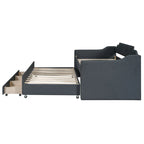 Theo Twin Size Upholstered Daybed with Trundle and Three Drawers, Pull-out Bed, 81" L x 41" W x 35.5" H, Gray