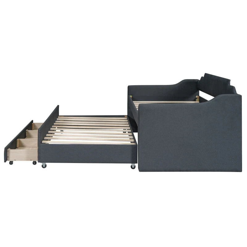 Theo Twin Size Upholstered Daybed with Trundle and Three Drawers, Pull-out Bed, 81" L x 41" W x 35.5" H, Gray