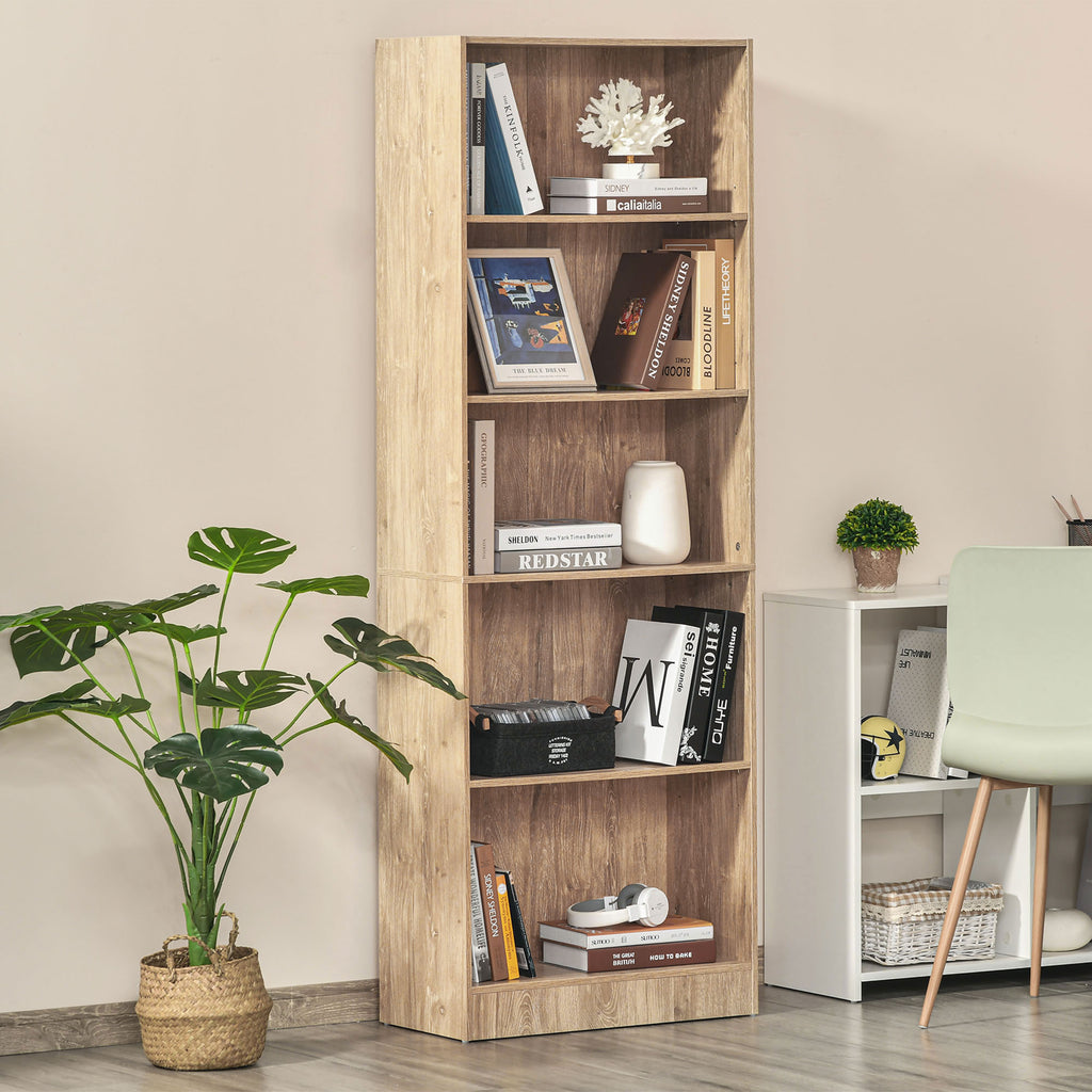 Leighton 5-Tier Storage Bookshelf with Adjustable Shelves-Natural Wood