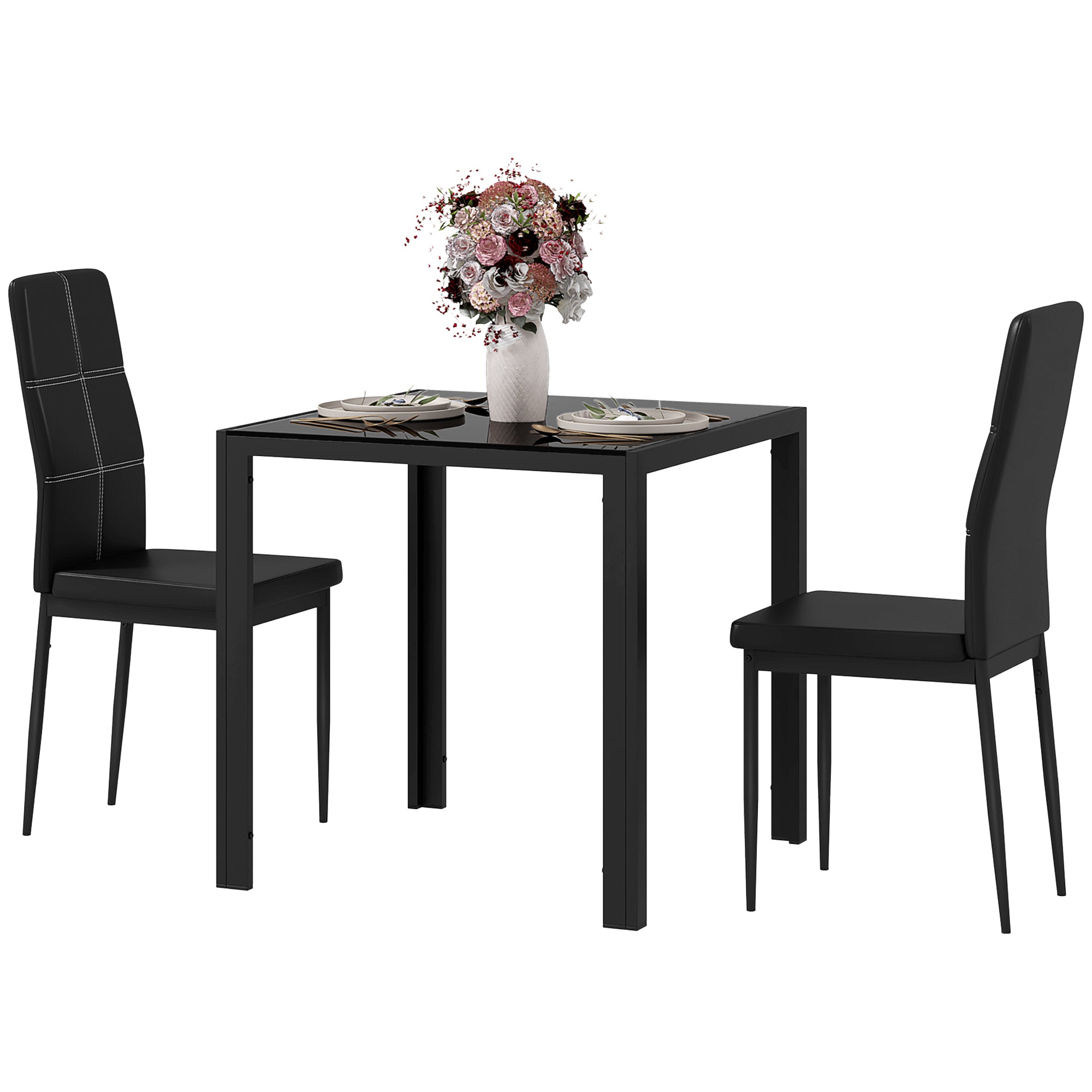 Zaya 3-Piece Rectangular Glass Kitchen Table and Chairs with Metal Frame and Faux Leather Upholstery for Dining Room, Black