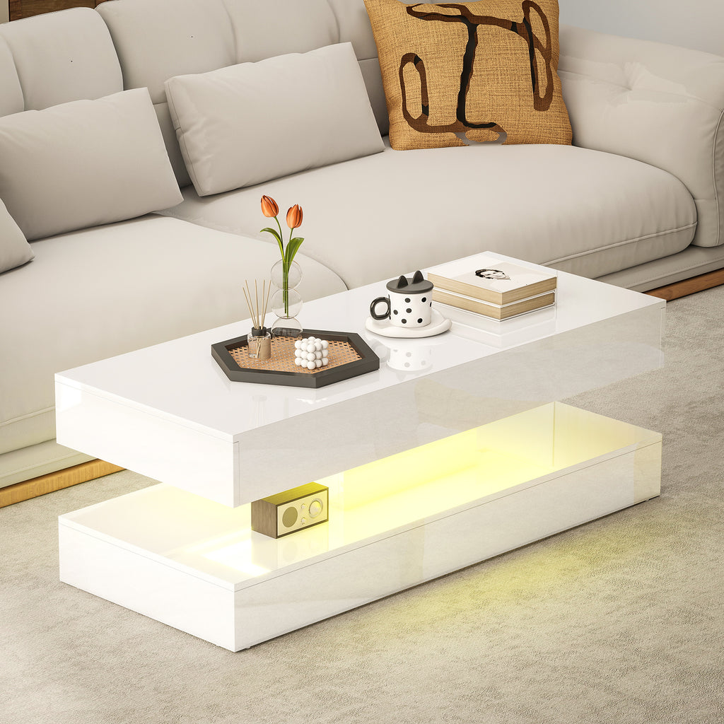 Erin Modern Coffee Table with 2 Drawers and Adjustable LED Lights-High Gloss White