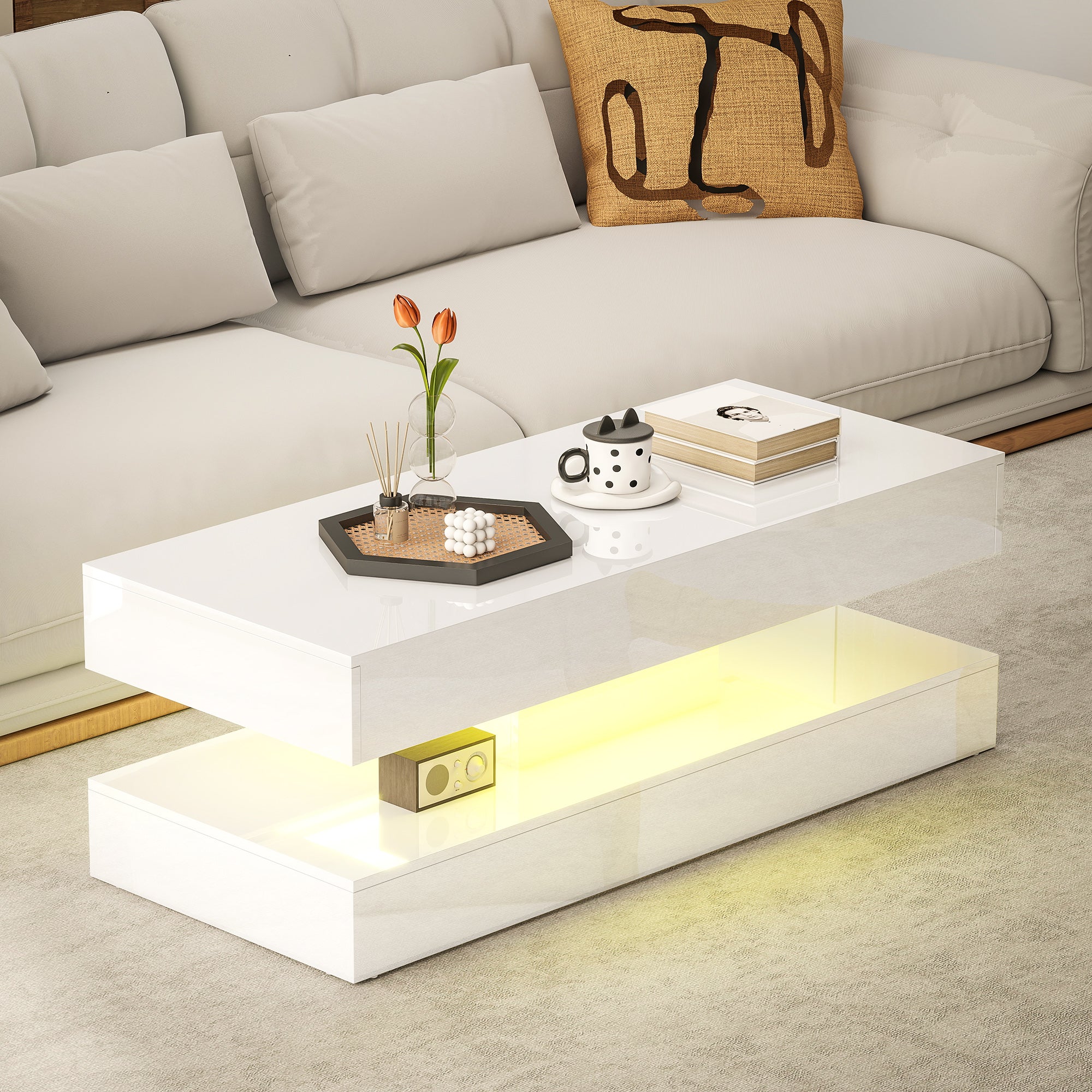 Erin Modern Coffee Table with 2 Drawers and Adjustable LED Lights-High Gloss White