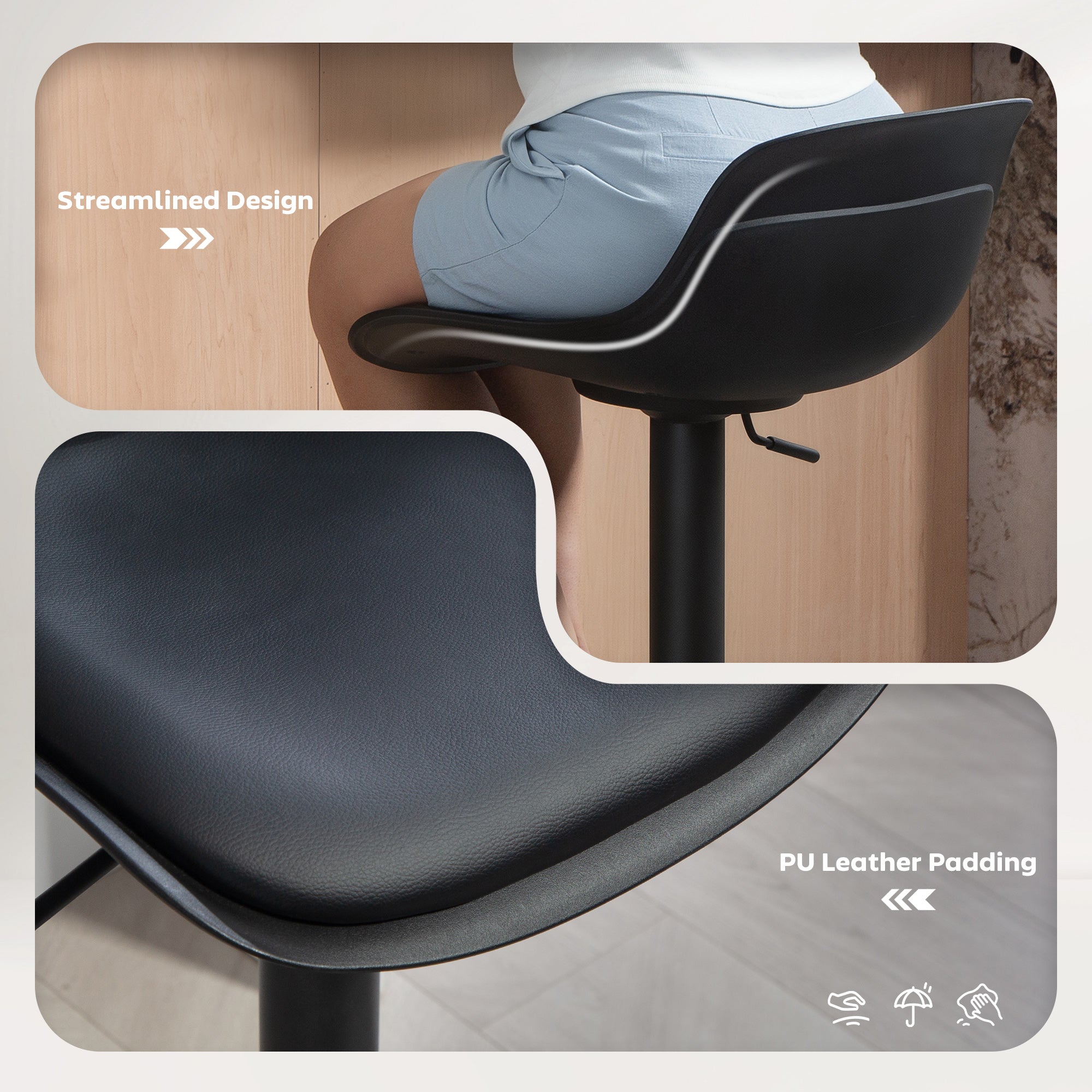 Zee Counter Height Bar Stools Set of 2, Streamlined Bar Chairs with Adjustable Height and Swivel PU Leather Seat, Black