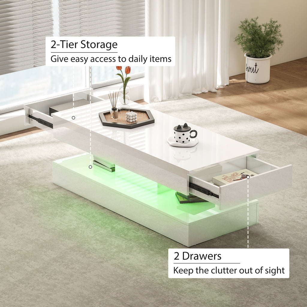 Erin Modern Coffee Table with 2 Drawers and Adjustable LED Lights-High Gloss White