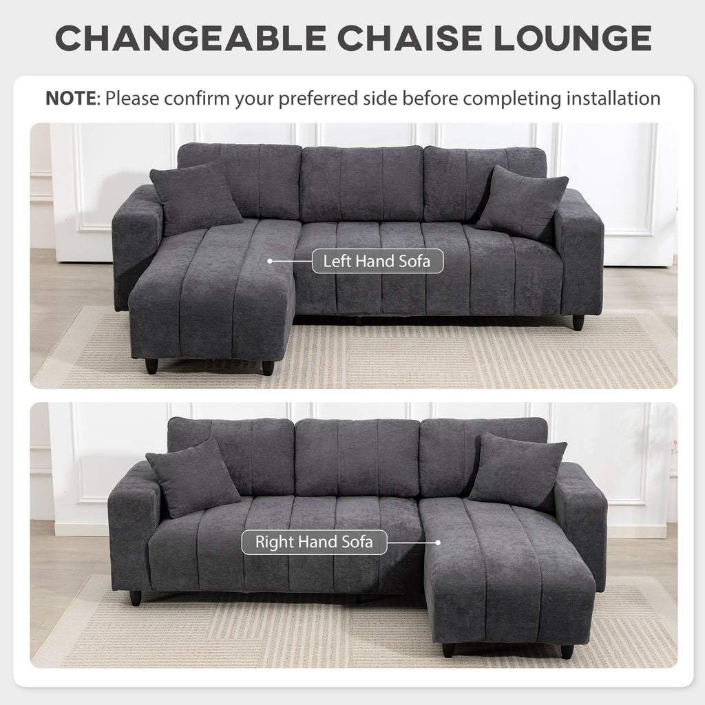 Wilshere Reversible Sectional with Integrated Seat, 3 Seater L-Shaped Sofa with Changeable Chaise, Spring Cushion, 2 Pillows, Grey