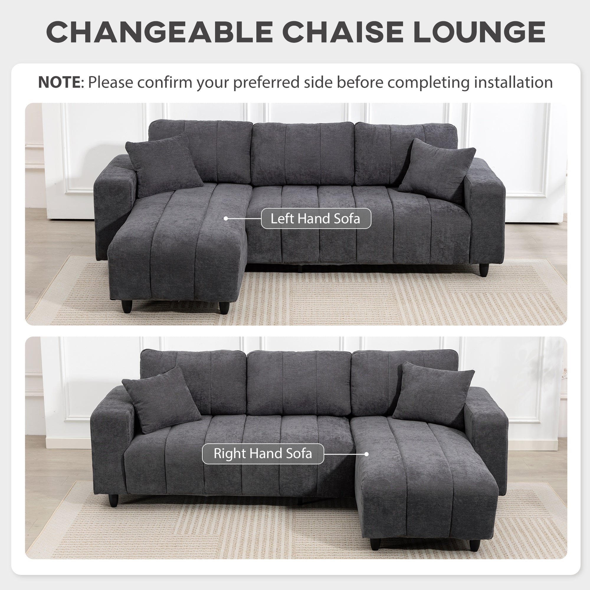 Wilshere Reversible Sectional with Integrated Seat, 3 Seater L-Shaped Sofa with Changeable Chaise, Spring Cushion, 2 Pillows, Grey