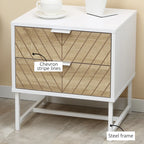 Modern Bedside Table with 2 Drawers and Steel Frame, Sofa Side Table for Bedroom Living Room, White and Oak
