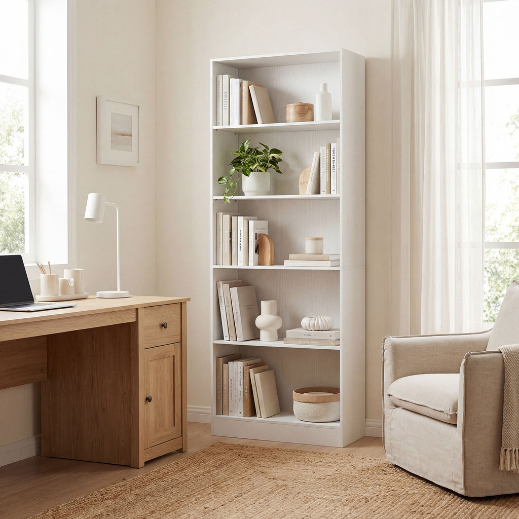 Leighton 5-Tier Storage Bookshelf with Adjustable Shelves-White