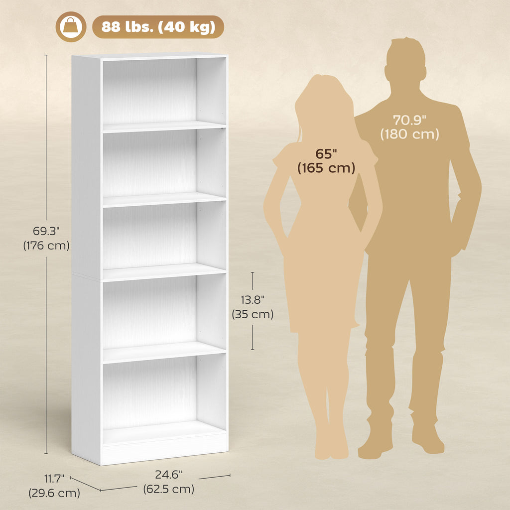 Leighton 5-Tier Storage Bookshelf with Adjustable Shelves-White