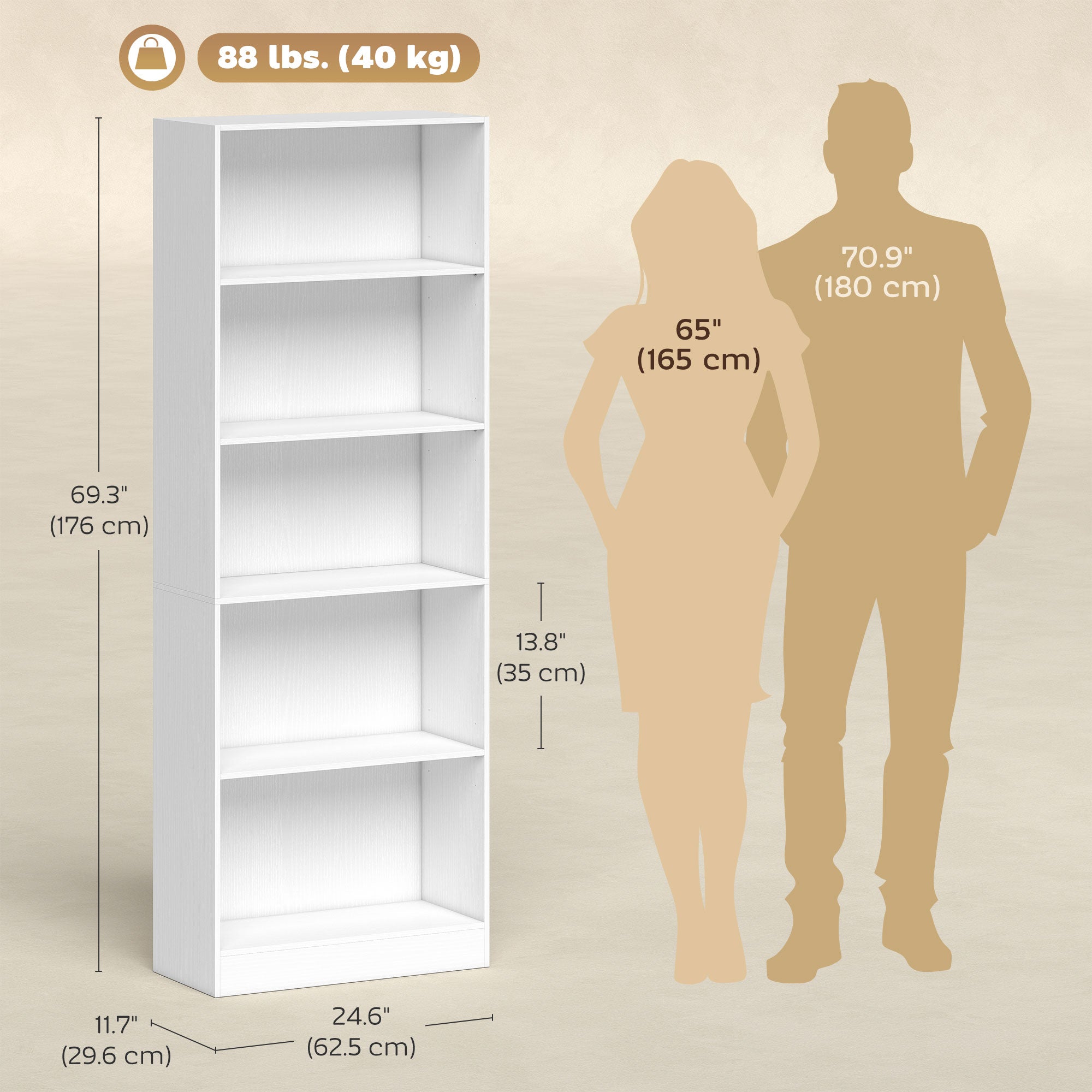Leighton 5-Tier Storage Bookshelf with Adjustable Shelves-White