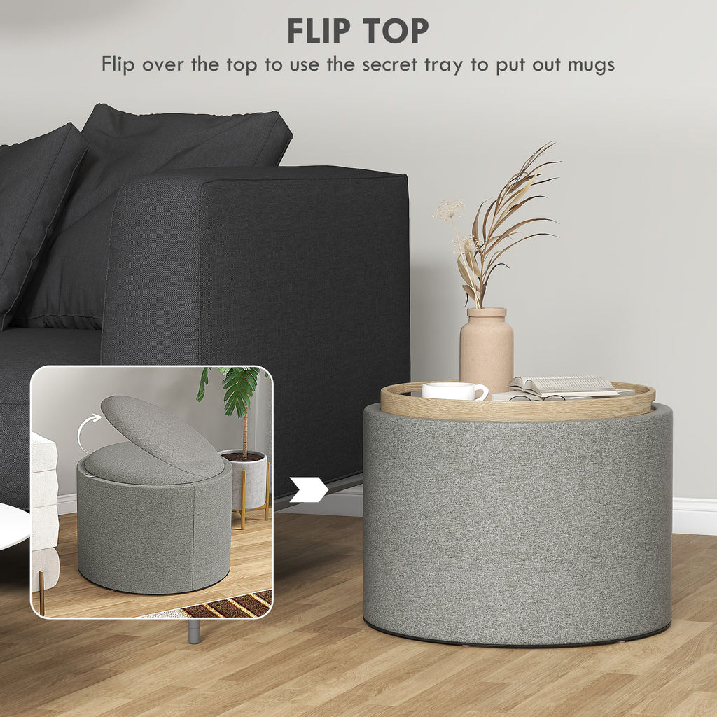 Ezra Round Coffee/End Table with Hidden Storage and Tray Top for Livingroom-Grey