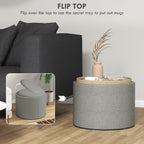 Ezra Round Coffee/End Table with Hidden Storage and Tray Top for Livingroom-Grey