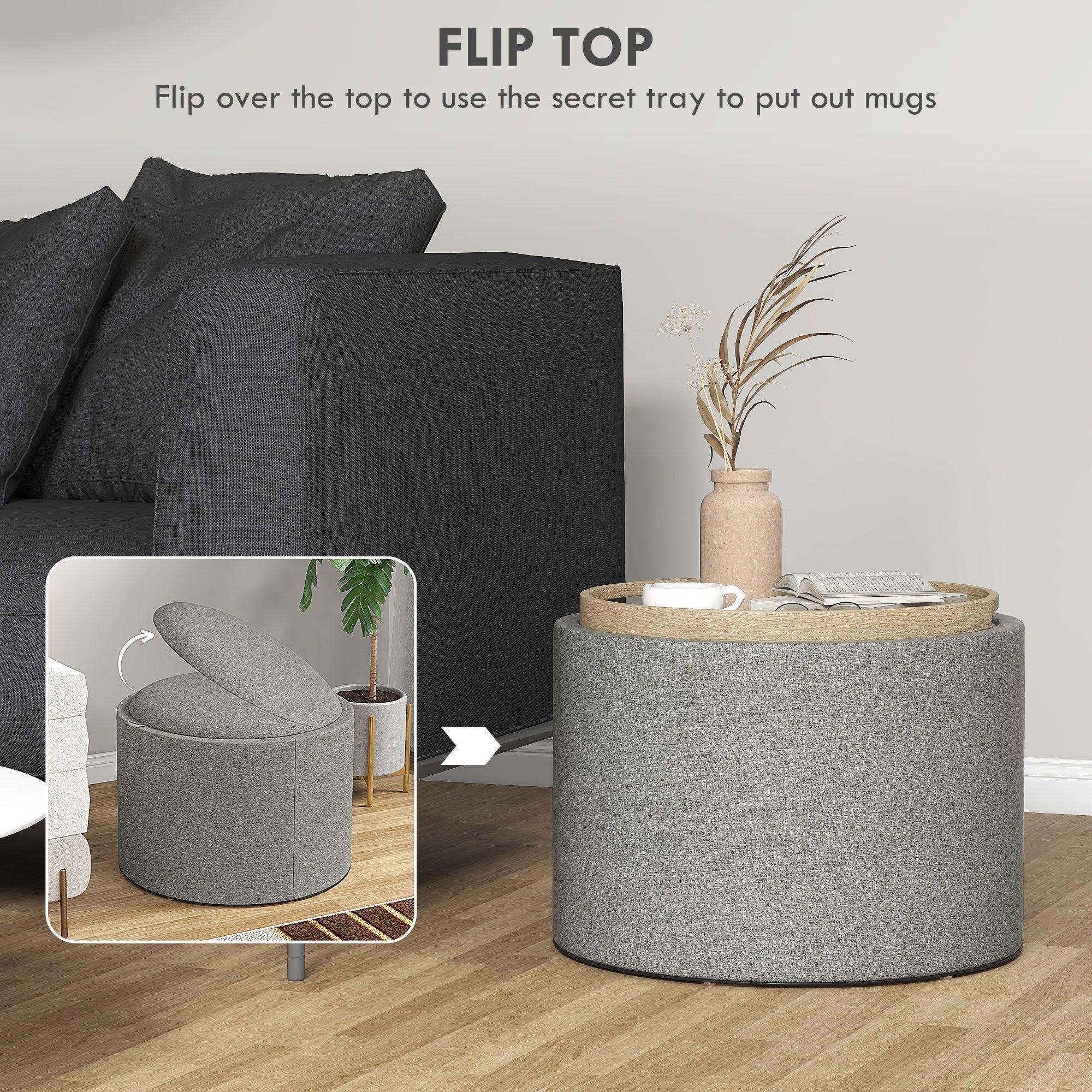 Ezra Round Coffee/End Table with Hidden Storage and Tray Top for Livingroom-Grey