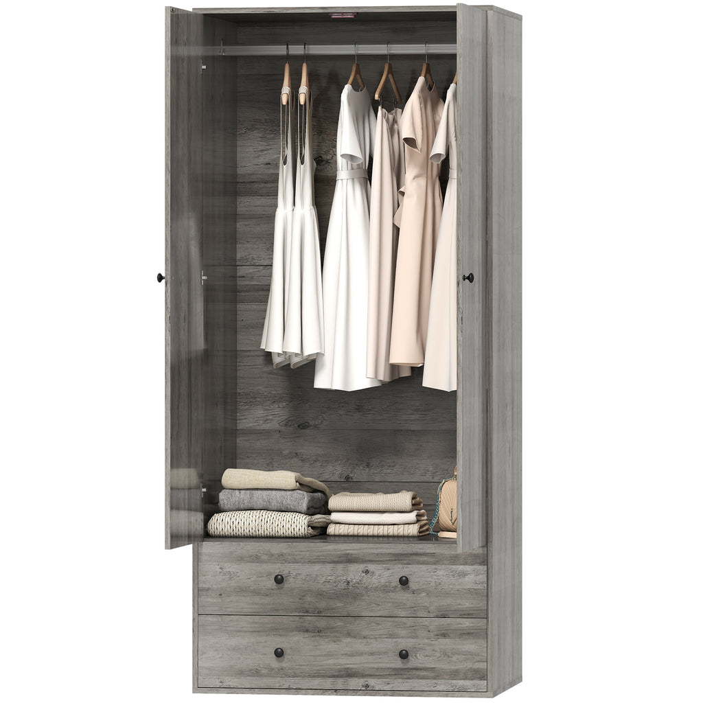Briar Modern Wardrobe Closet Armoire with 2 Drawers and Hanging Rod, Clothes Storage Organizer for Bedroom, Grey